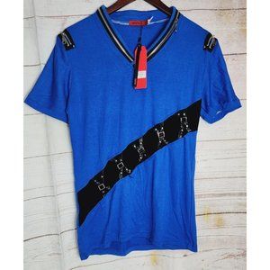 Vento Vassari XL Men's Blue/Black Zipper Design Short Sleeve V-Neck Shirt